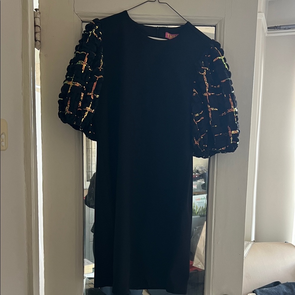 THML Black Dress with Colorful Puff Sleeves